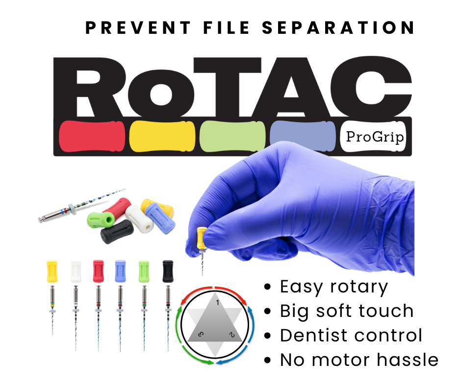 RoTAC ProGrips are specialized rotary file hand grips designed to enhance control and safety during rotary file instrumentation. These grips are particularly useful when the risk of sudden motor file separation and complication are present.